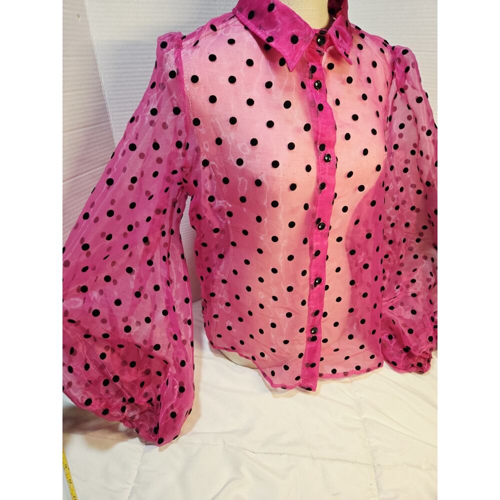 Retro 80's Polka Dots L See-through Loose Button-Up Puff Sleeve Gall Sheer Gring